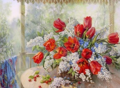 Тюльпаны с черемухой (худ. Дандорф О.)